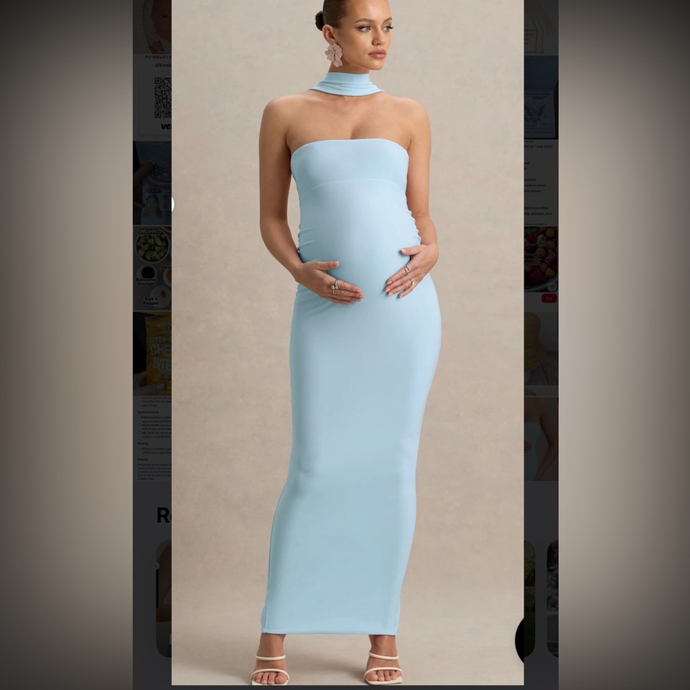 Club L London GLAZE POWDER BLUE HIGH-NECK MATERNITY MAXI DRESS